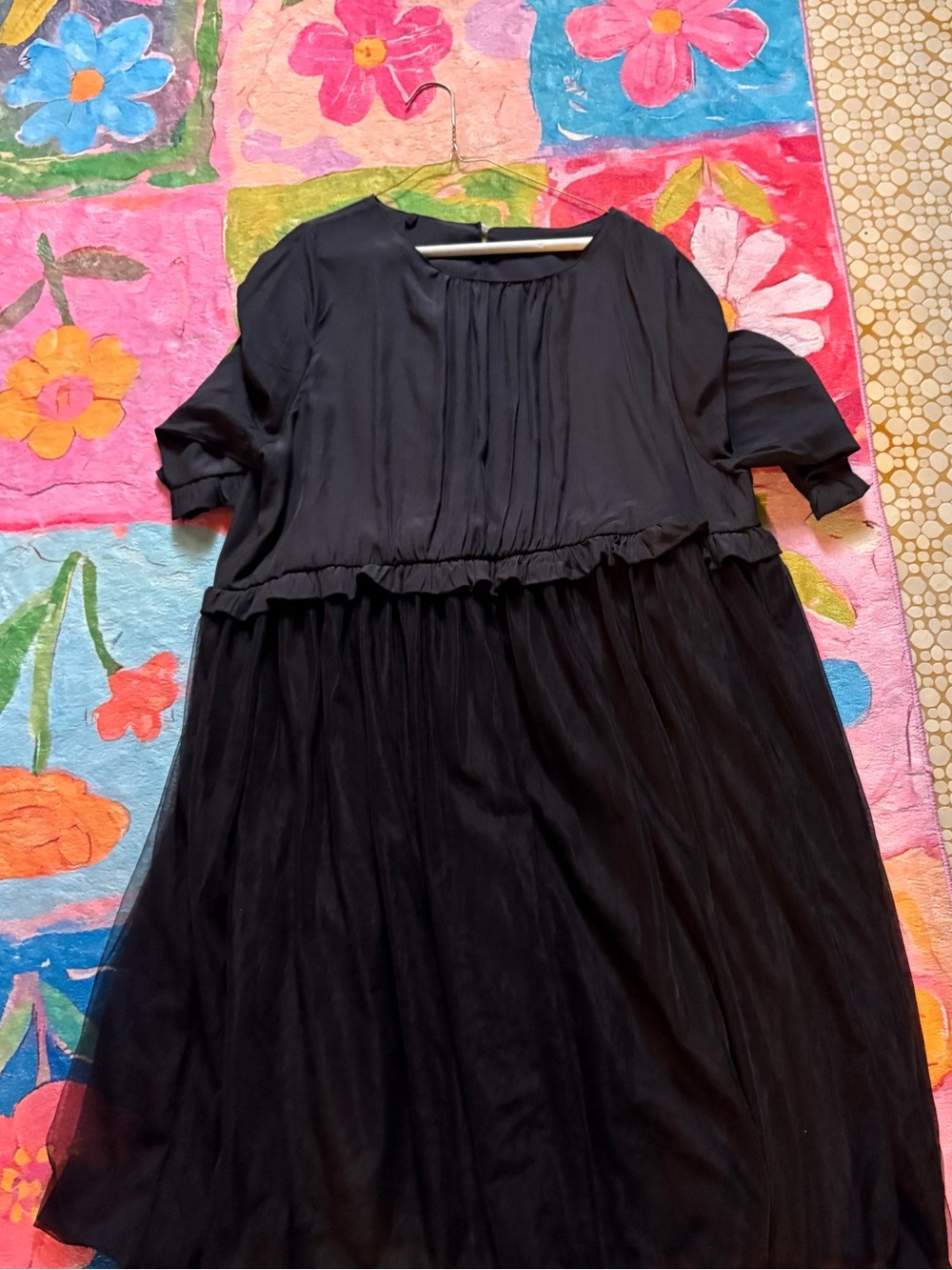Black Satin & Tulle Midi Babydoll Dress